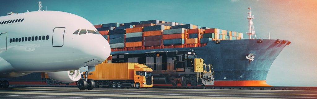 Transportation and logistics of Container Cargo ship and Cargo plane. 3d rendering and illustration.